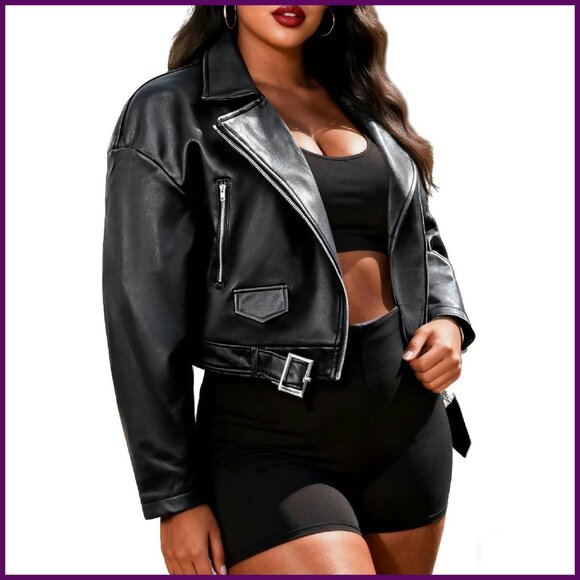 Oversized Faux Leather Motorcycle Jacket with Belt Zipper Long Sleeves